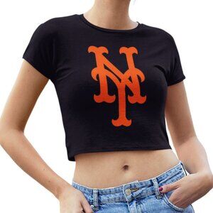 NEW York Mets NY Team Color Pop Form Fit Crop Top Shirt BLACK